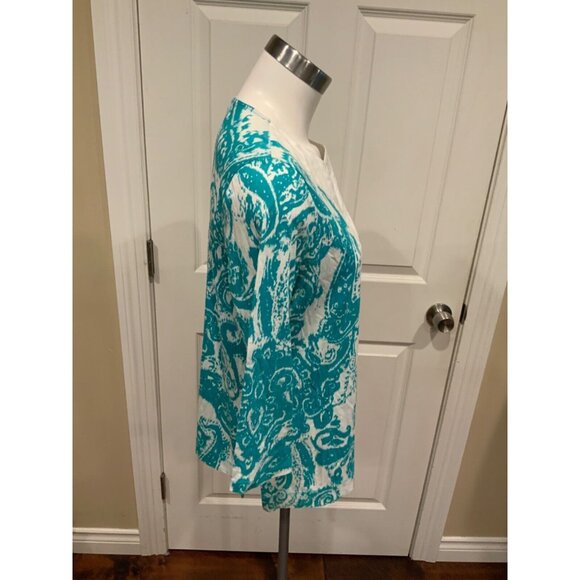 Lauren Ralph Lauren Petite Teal Blue & White Patterned 3/4 Sleeve Shirt, Size PL - Picture 2 of 5